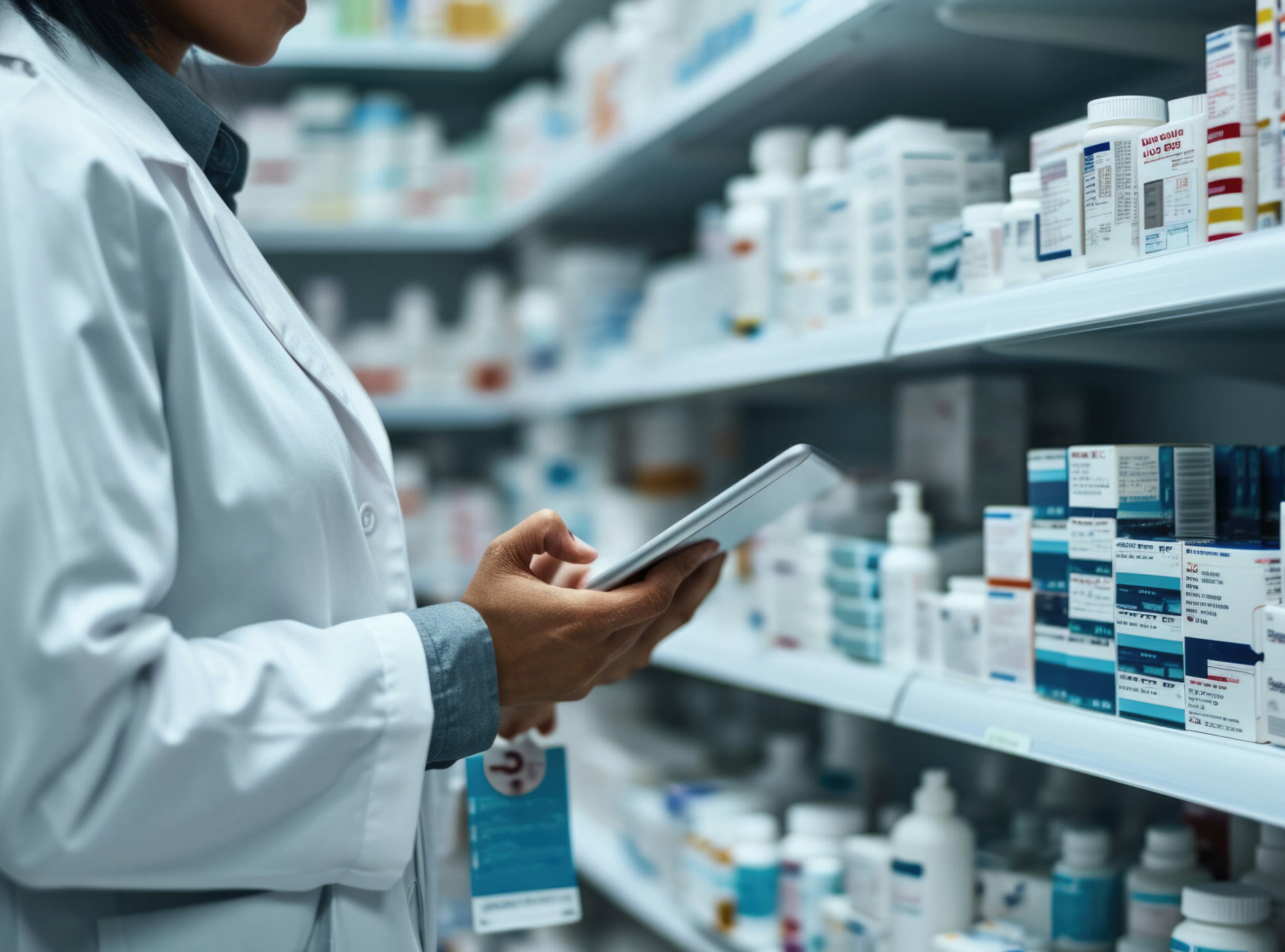 Female pharmacist or healthcare professional taking inventory or reviewing a clipboard in a pharmacy with shelves stocked with various medications.