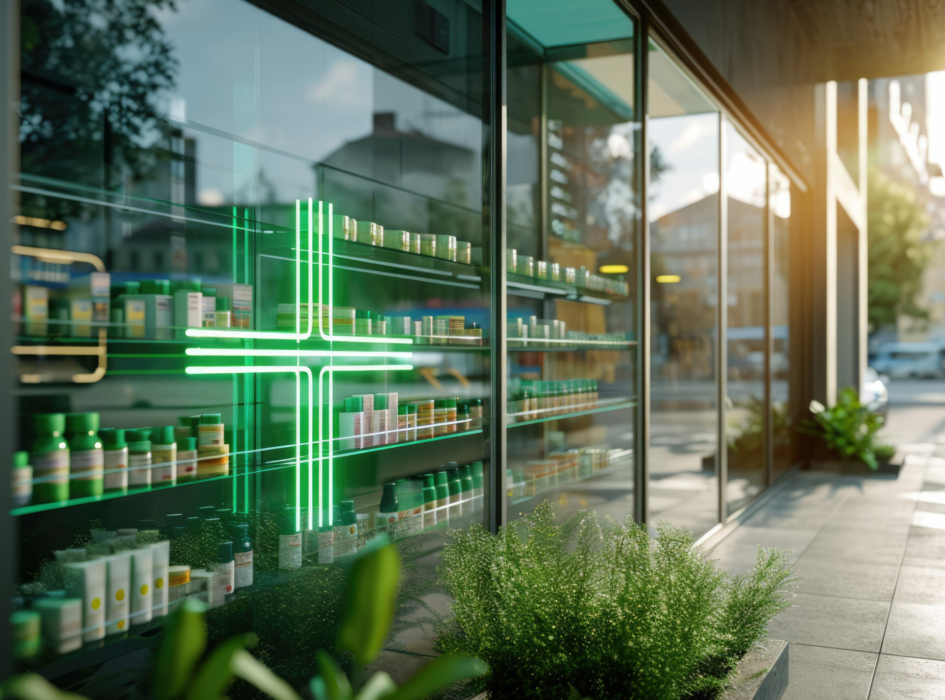 Pharmacy with a glowing neon cross sign in an urban setting, showcasing the pharmacy's exterior with shelves of products visible through the window.