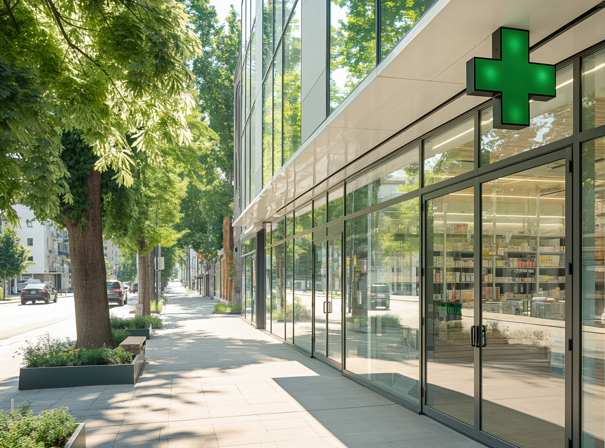 A modern pharmacy with a green cross signboard stands on an urban street, flanked by trees. Sunlight creates shadows, enhancing the tranquil city scene with a clean and contemporary design